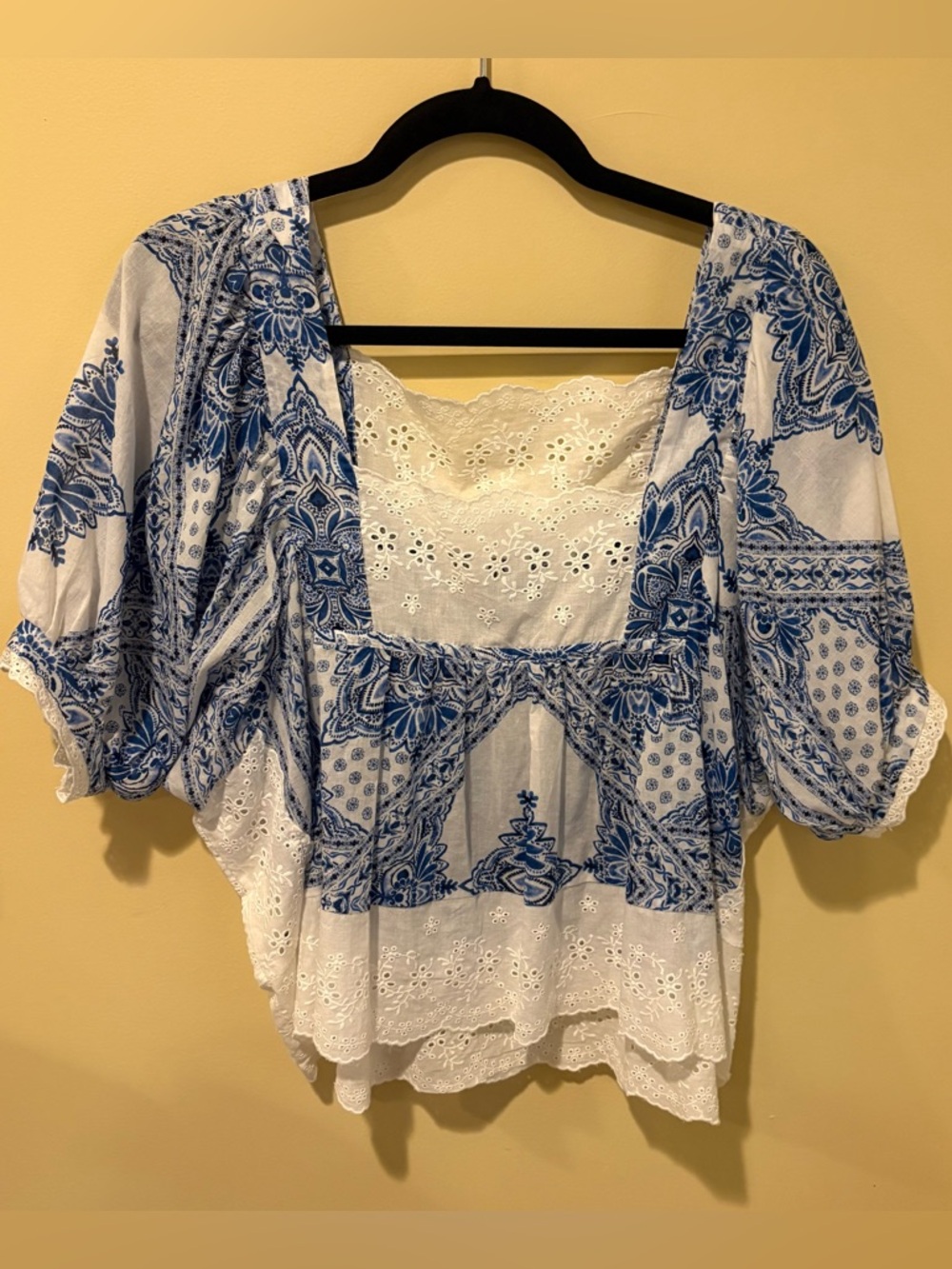 Olivaceous Blue and White Embroidered Square-Neck Peasant Blouse NWOT